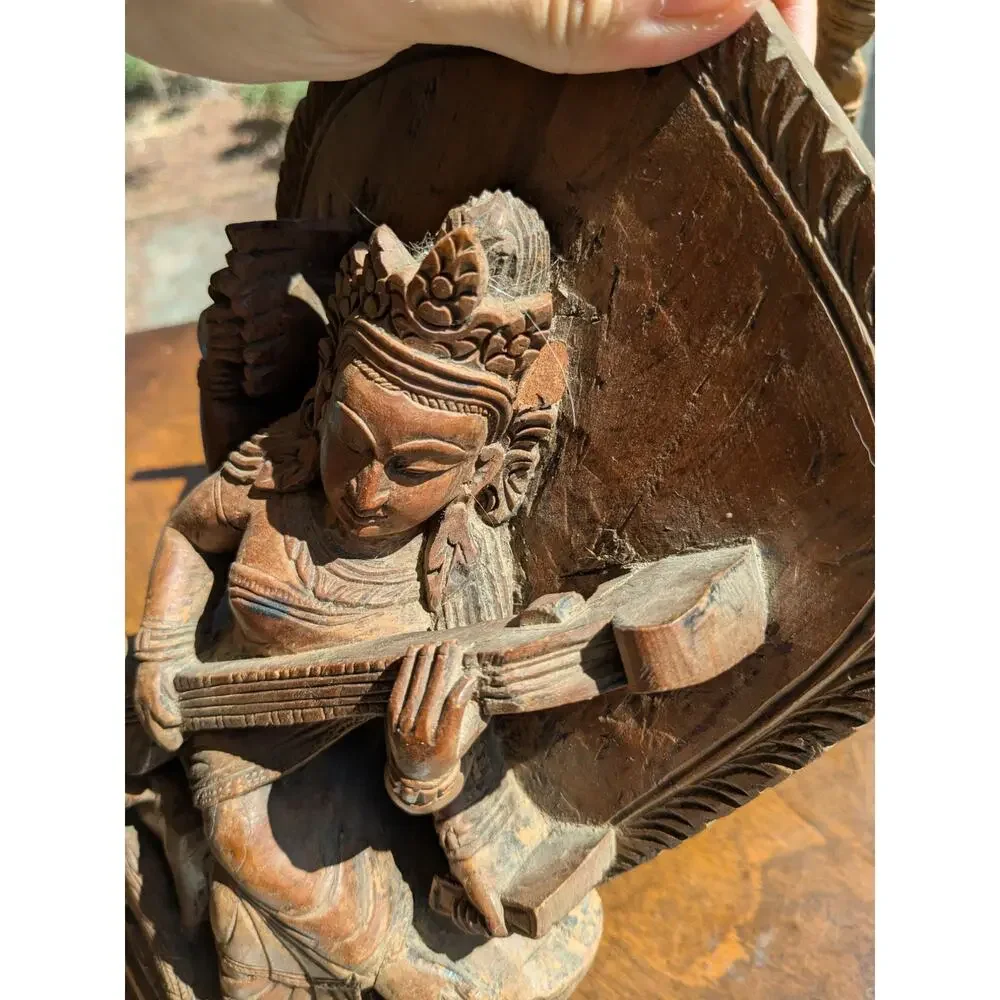 Pair Vintage Hand-Carved Wood Indian Goddess - Saraswati & Gayatri - 12